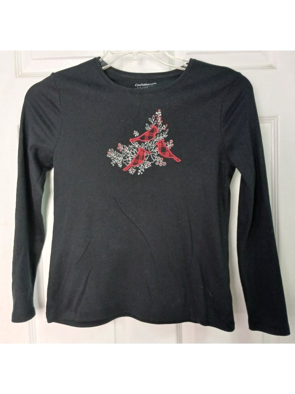 Craft & Barrow Classic Tee Sz PS Long Sleeve Black Red Bird Embroidered #I-9